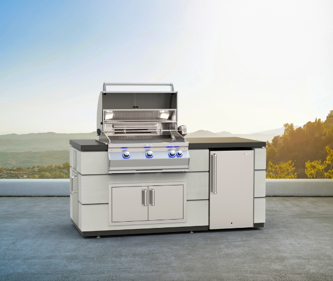 Fire Magic 77-inch Contemporary GFRC Pre-Fab Island in White Aspen Finish with Refrigerator Cut-Out