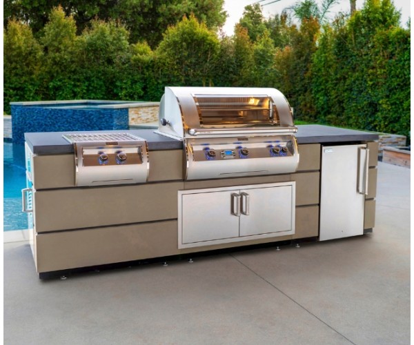 Fire Magic 115-inch Contemporary GFRC Pre-Fab Island w/ Smoke Base and Refrigerator Cut-Out